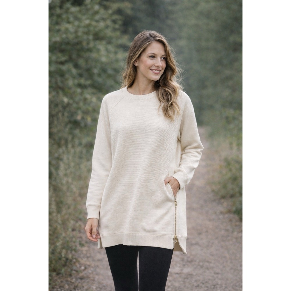 Varley Womens Cream Ribbed Sweatshirt Tunic Side Zip Pullover Size M/L - Picture 1 of 6